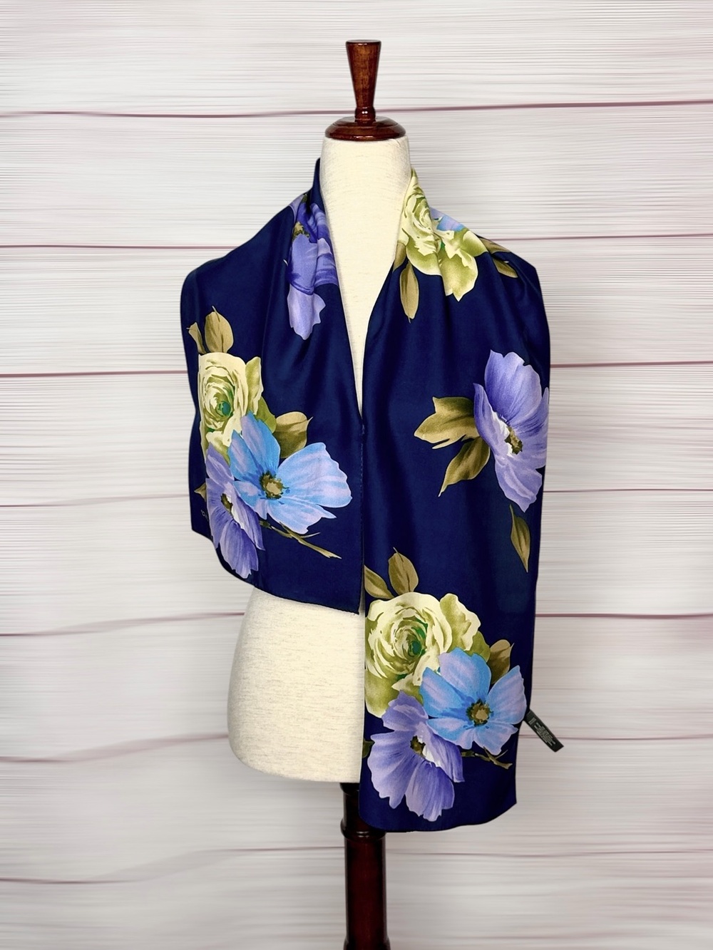 Echo Silk Satin Blue Scarf Rectangle 11,5x52" Floral Print